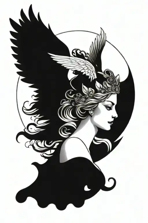 freya bust goddess with full moon and angel wings  tattoo design idea