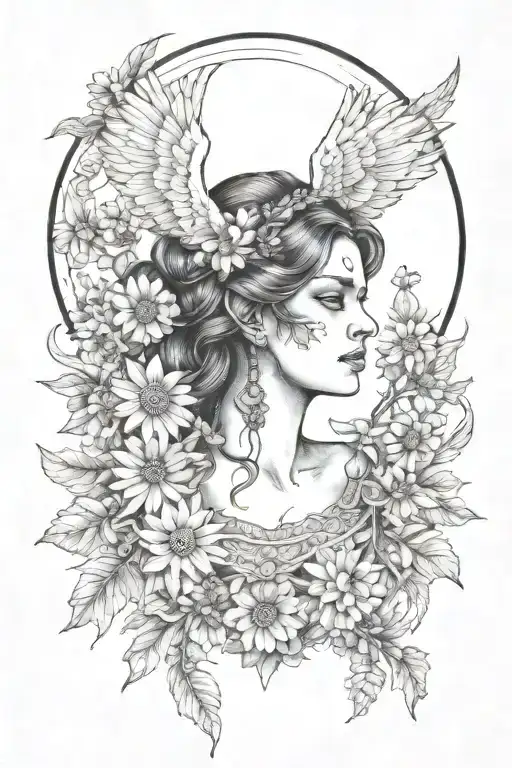 full moon freya bust goddess with daisies and wings  tattoo design idea