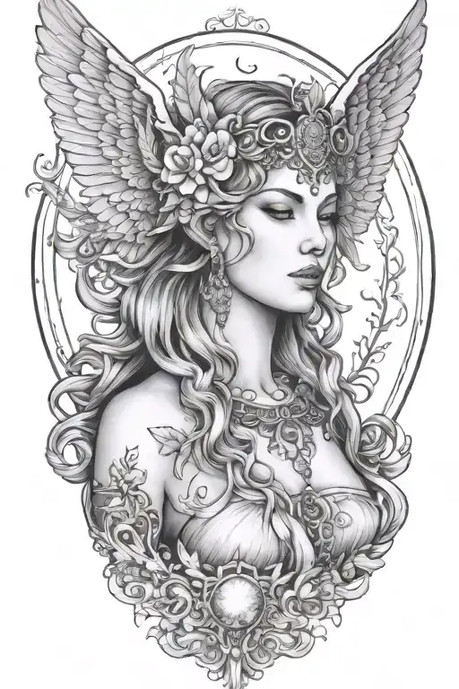 freya goddess bust wings full moon tattoo design idea