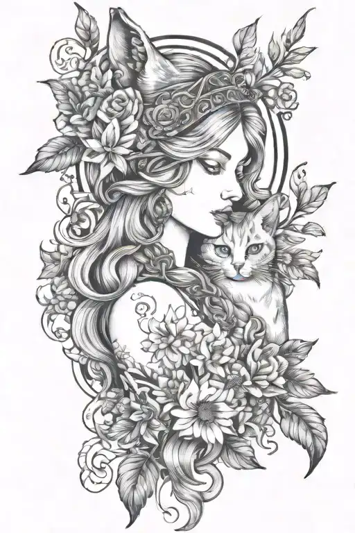 freya goddess bust full moon with small cat  tattoo design idea