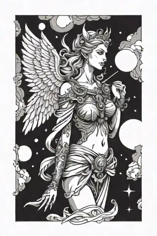 freya goddess bust with large wings full moon  tattoo design idea