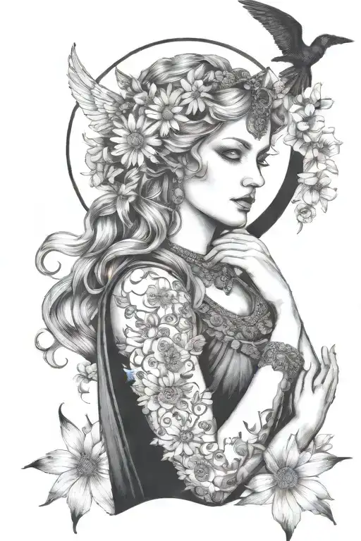 freya goddess with daisies moon and hanging wings kitten  tattoo design idea