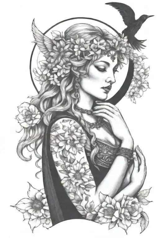 freya goddess with daisies moon and wings  tattoo design idea