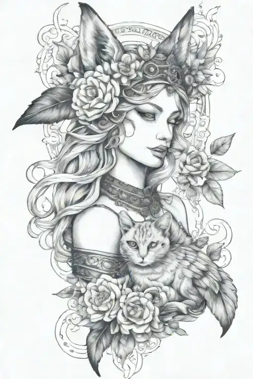 freya goddess bust with small cat full moon feathers  tattoo design idea