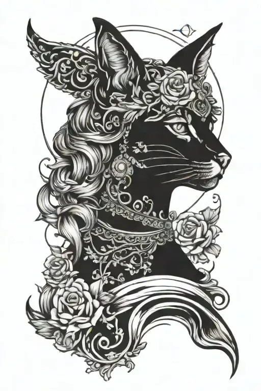 freya bust goddess with full moon and cat tattoo design idea