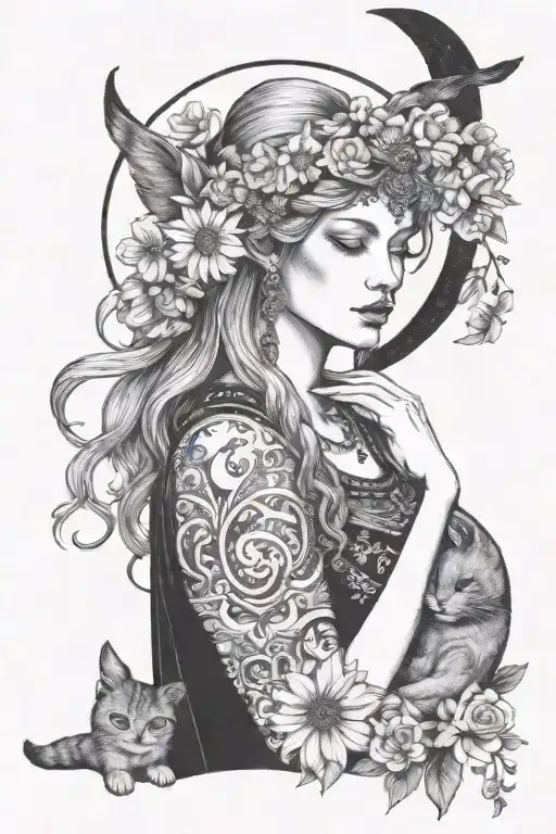 freya goddess with daisies moon and cat curled tattoo design idea