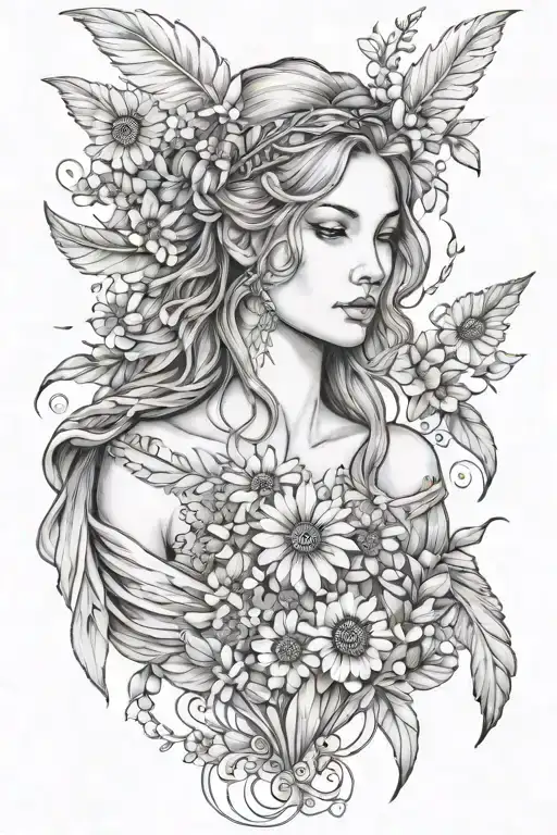 freya goddess bust feathers cloak with floating daisies  tattoo design idea