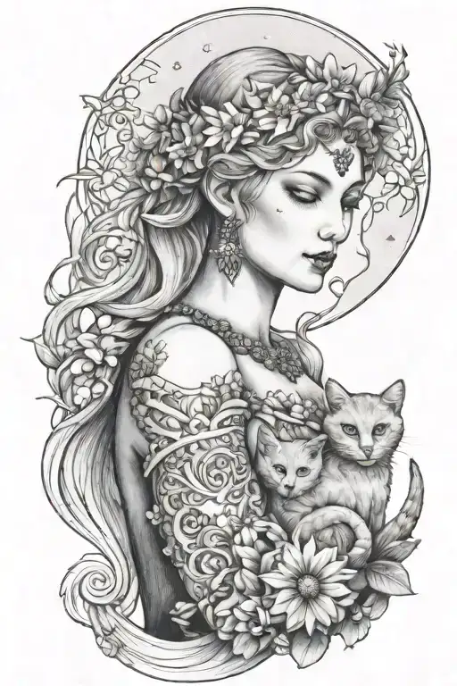 freya goddess bust with daisies full moon and kitten  tattoo design idea
