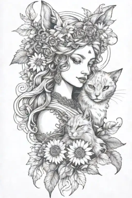 freya goddess bust with small cat full moon daisies  tattoo design idea