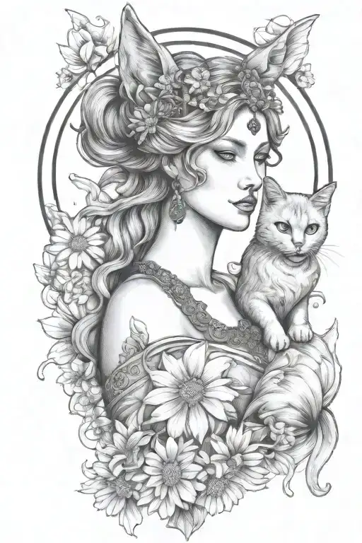 freya goddess bust with small cat full moon daisies  tattoo design idea