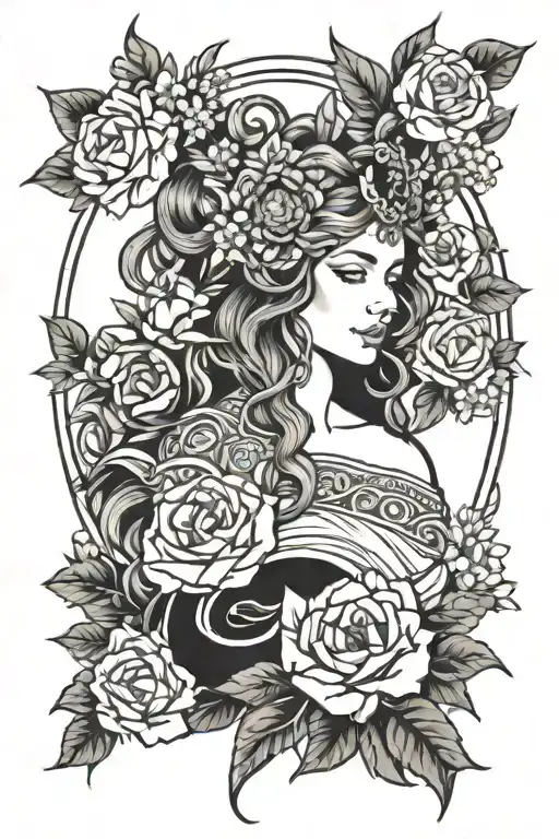 freya goddess with flowers tattoo design idea