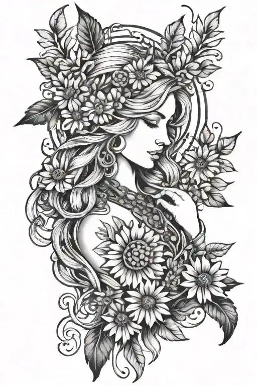 freya goddess bust full moon feathers with floating daisies  tattoo design idea