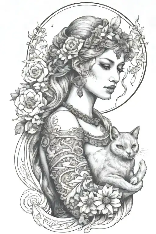 freya goddess bust with daisies full moon and kitten boar ears  tattoo design idea