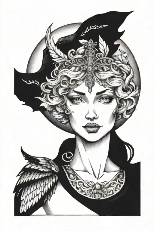 freya goddess bust with wings full moon  tattoo design idea