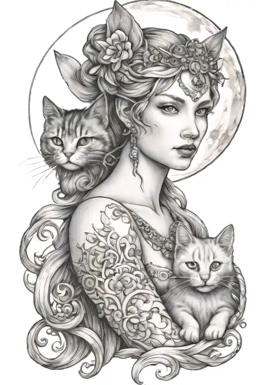 freya goddess bust full moon and kitten  tattoo design idea