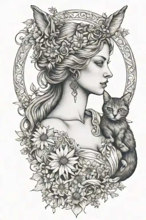 freya goddess bust with small cat full moon daisies  tattoo design idea