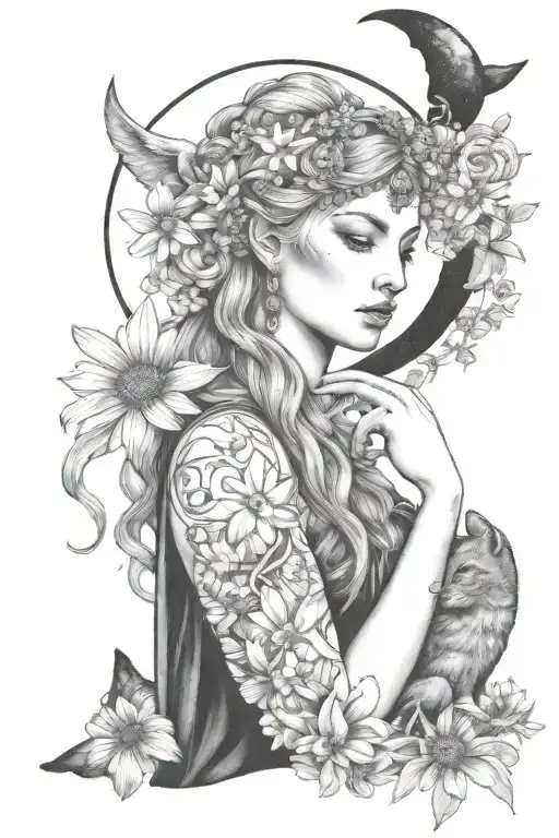 freya goddess bust with daisies full moon and kitten  tattoo design idea