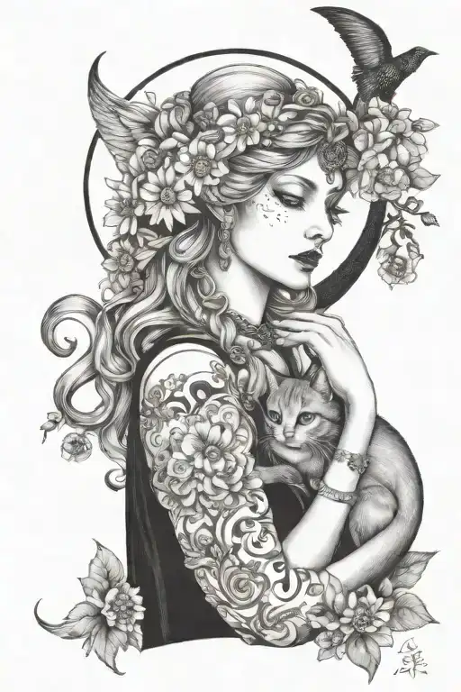 freya goddess with daisies moon and cat curled tattoo design idea