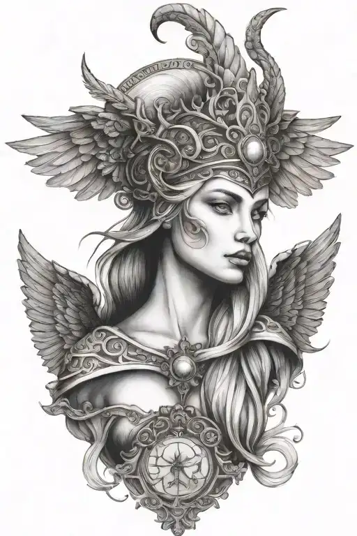 freya norse goddes bust with wing fused full moon  tattoo design idea