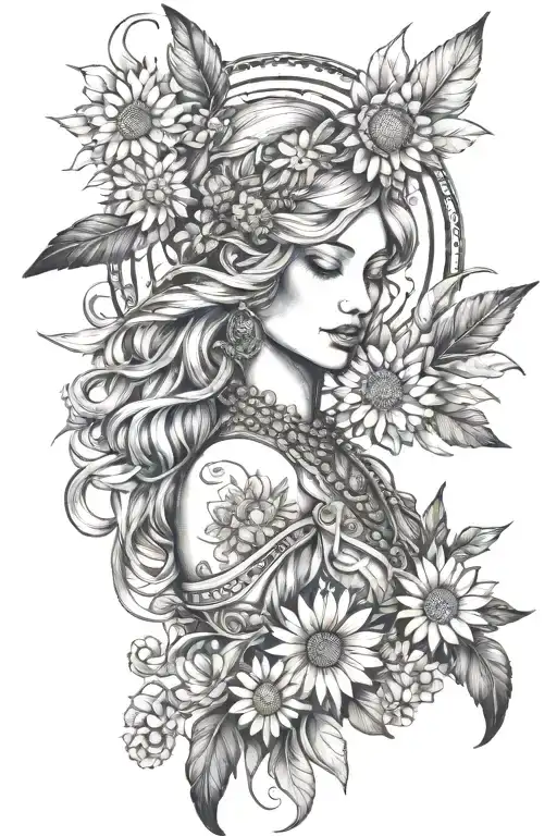 freya goddess bust full moon feathers with floating daisies  tattoo design idea