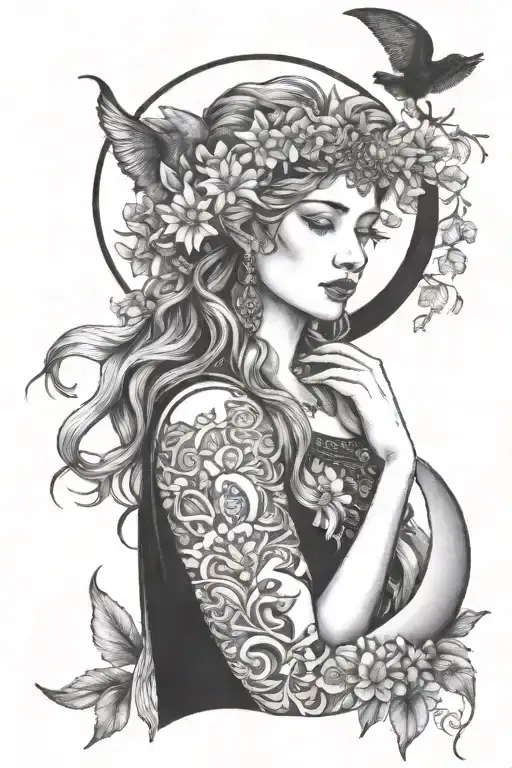 freya goddess with daisies moon and cat curled tattoo design idea