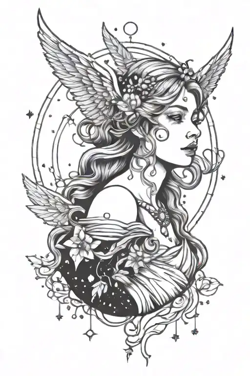 freya bust with wings full moon Little Dipper constellation tattoo design idea