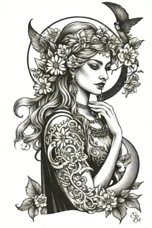 freya goddess with daisies and moon  tattoo design idea