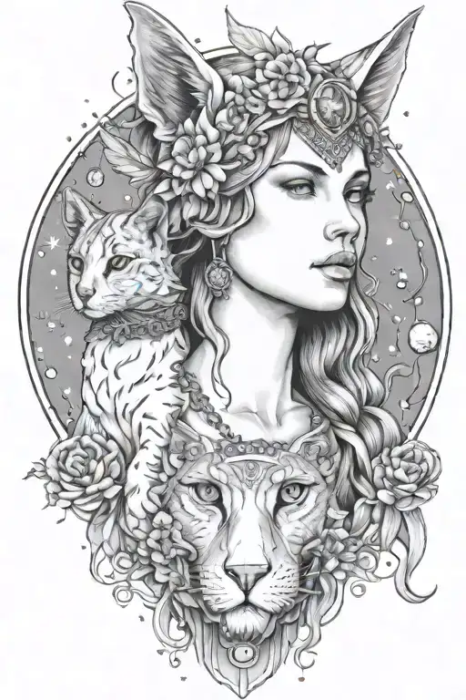 freya goddess bust with 2 small cats full moon feathers constellation  tattoo design idea