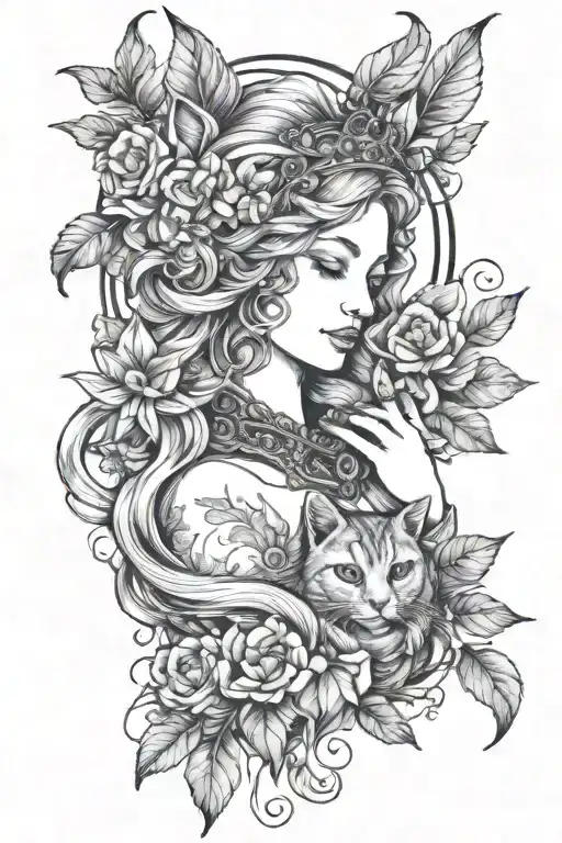 freya goddess bust with small cat  tattoo design idea