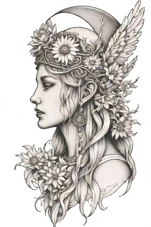 freya goddess bust wearing feather helmet full moon and floating daisies  tattoo design idea