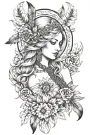 freya goddess bust full moon feather shoulders with rune  tattoo design idea