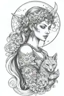 freya goddess bust with daisies full moon and kitten boar ears  tattoo design idea