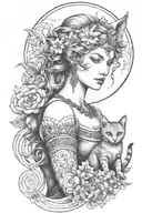freya goddess bust with daisies full moon and kitten boar ears  tattoo design idea