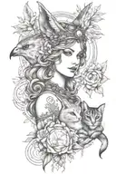 freya goddess bust with small cat full moon falcon tattoo design idea