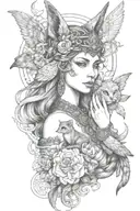 freya goddess bust with small cat full moon falcon tattoo design idea