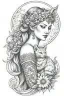 freya goddess bust with daisies full moon and kitten boar ears  tattoo design idea