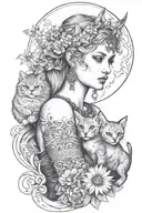 freya goddess bust with daisies full moon and kitten boar ears  tattoo design idea