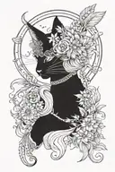 freya goddess bust full moon feathers and cat with floating daisies  tattoo design idea
