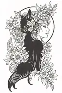 freya goddess bust full moon feathers and cat with floating daisies  tattoo design idea