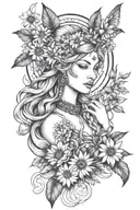 freya goddess bust braided hair full moon with daisies falcon  tattoo design idea