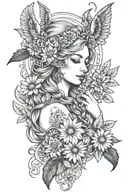 freya goddess bust braided hair full moon with daisies falcon  tattoo design idea