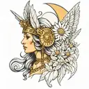 freya goddess bust wearing feather helmet full moon and floating daisies  tattoo design idea
