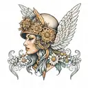 freya goddess bust wearing feather helmet full moon and floating daisies  tattoo design idea