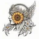 freya goddess bust wearing feather helmet full moon and floating daisies  tattoo design idea