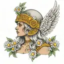 freya goddess bust wearing feather helmet full moon and floating daisies  tattoo design idea