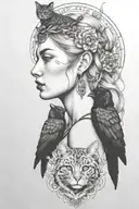 Freya with raven and tabby cats   tattoo design idea