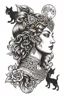 freya bust goddess with full moon and cat tattoo design idea