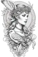 freya goddess bust full moon falcon feathers  tattoo design idea
