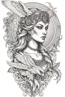 freya goddess bust full moon falcon feathers  tattoo design idea