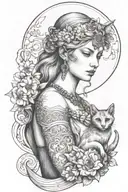 freya goddess bust with daisies full moon and kitten boar ears  tattoo design idea